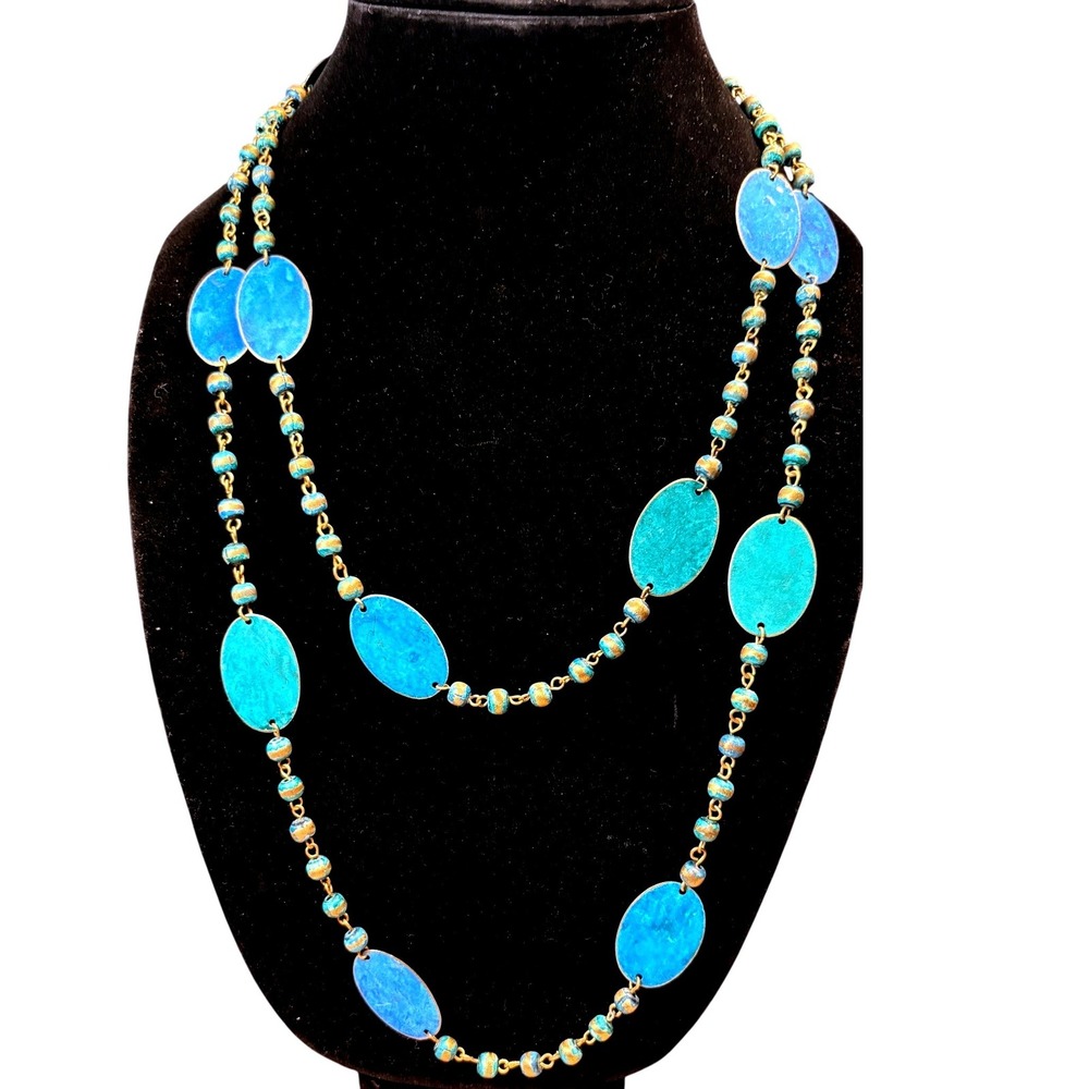 Vintage Style Long Necklace Women's Blue Turquoise Teal Patina Metal Boho Oval